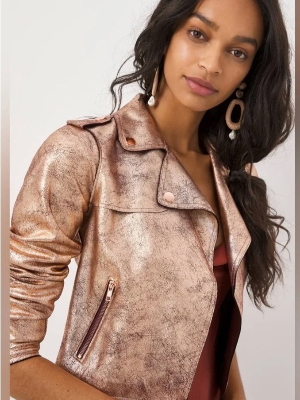 Cropped Anthropologie Metallic Rose Moto Leather Jacket